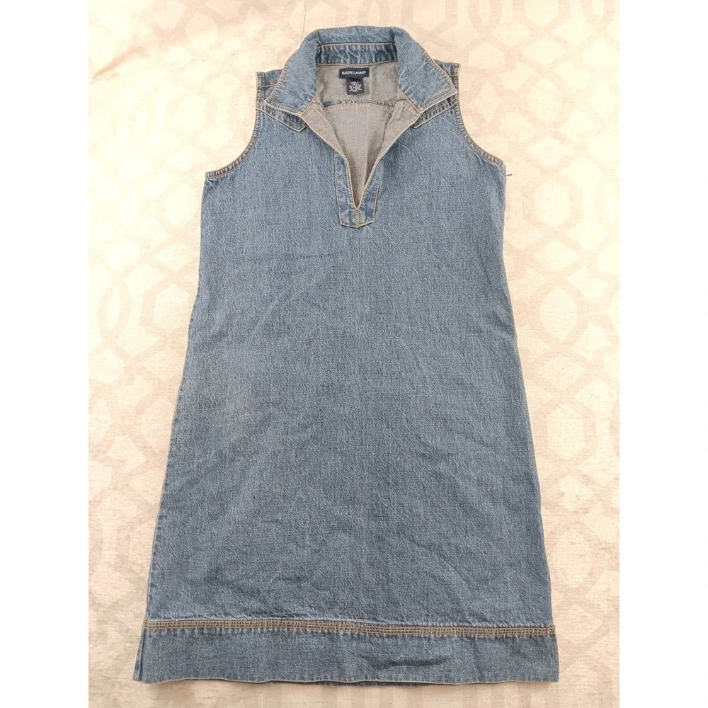 Vintage Ralph Lauren Denim Youth‎ Jean Dress Sleeveless Collared V Neck Size 16